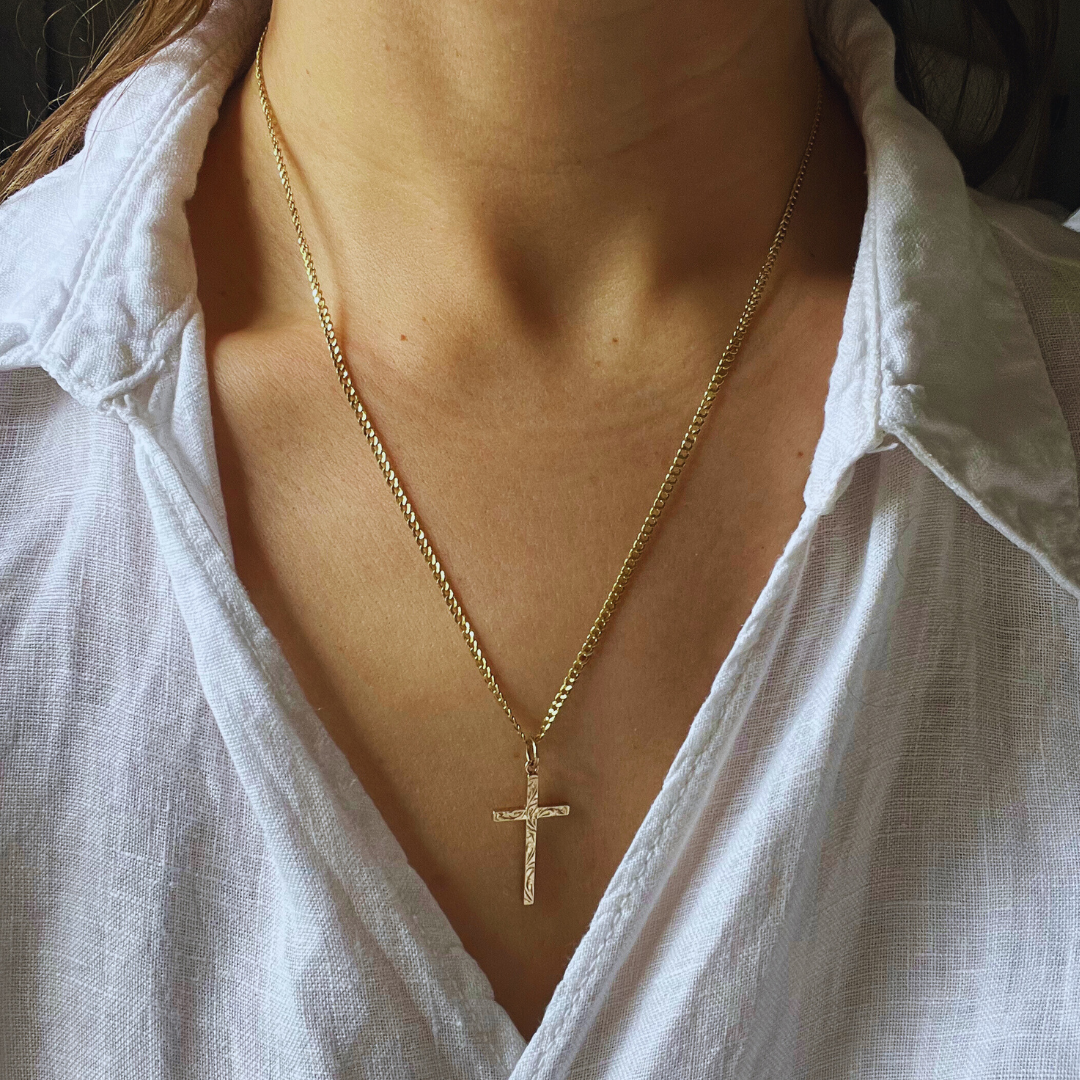 Vintage 9ct Yellow Gold Solid Cross Pendant with Long Delicate Curb Chain