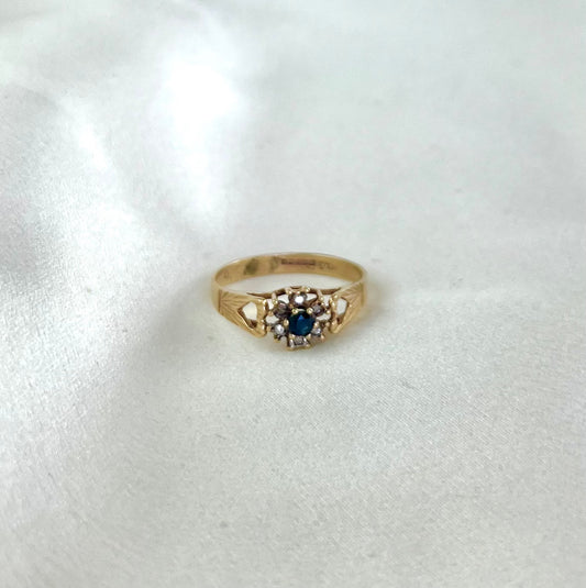 Vintage 9ct Gold Sapphire and Diamond Cluster Ring, Size R UK 1970s