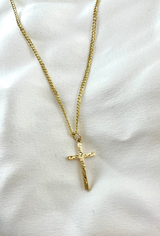 Vintage 9ct Yellow Gold Solid Cross Pendant with Long Delicate Curb Chain