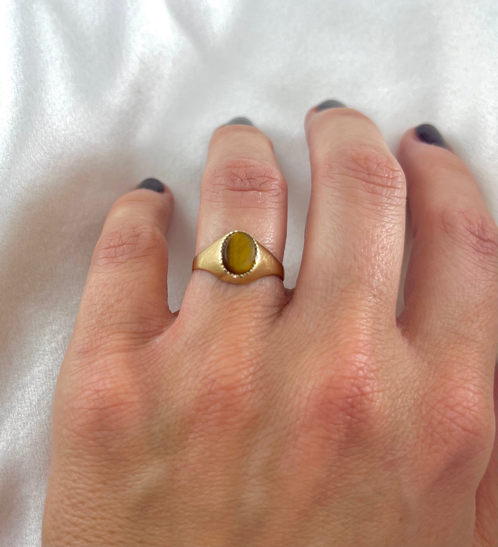 Vintage 9ct Yellow Gold Tigers Eye Ring, Size L UK 1970s