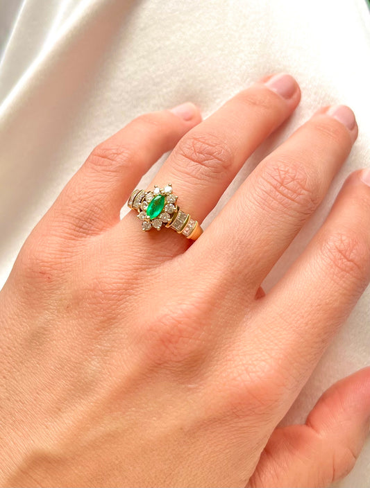 Emerald and Diamond Marquise Cut Engagement or Dress Ring, Marked '18KT' Modern Independently Assessed