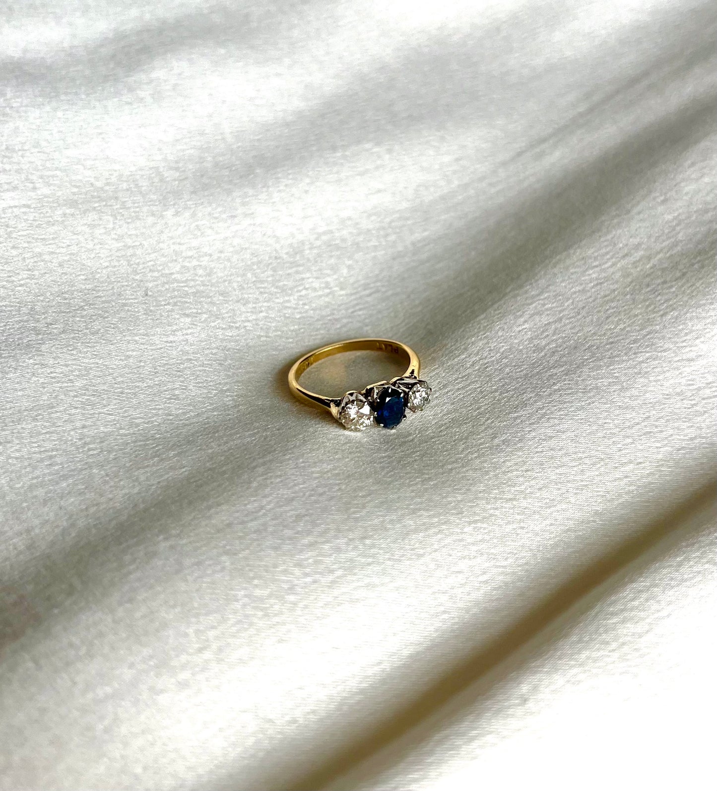 18ct Yellow Gold 0.62ct Sapphire and 0.47ct Diamond Three Stone Engagement Ring Vintage, Size J Independently Assessed