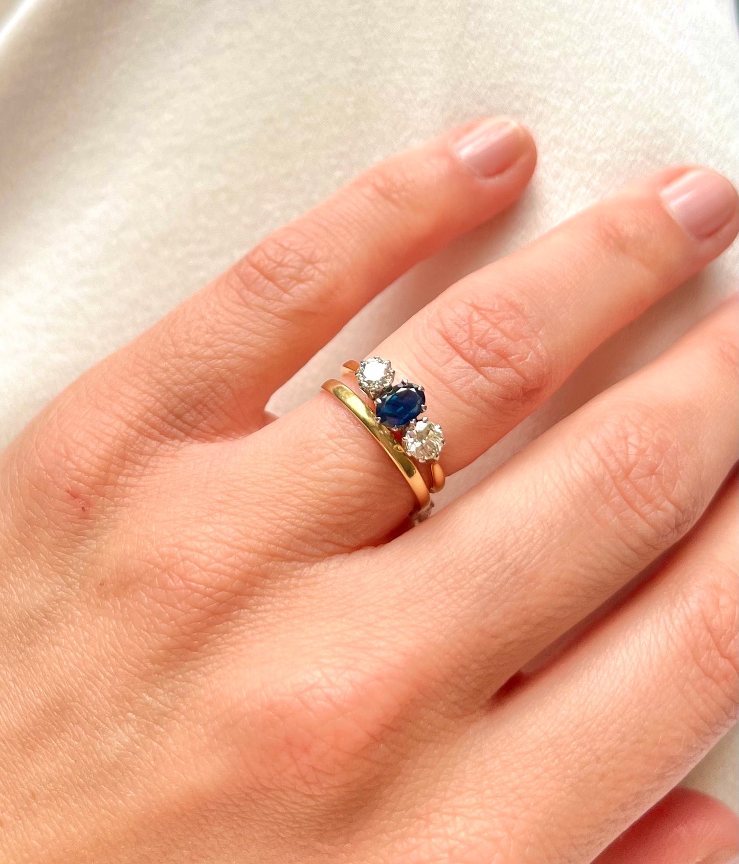 18ct Yellow Gold 0.62ct Sapphire and 0.47ct Diamond Three Stone Engagement Ring Vintage, Size J Independently Assessed